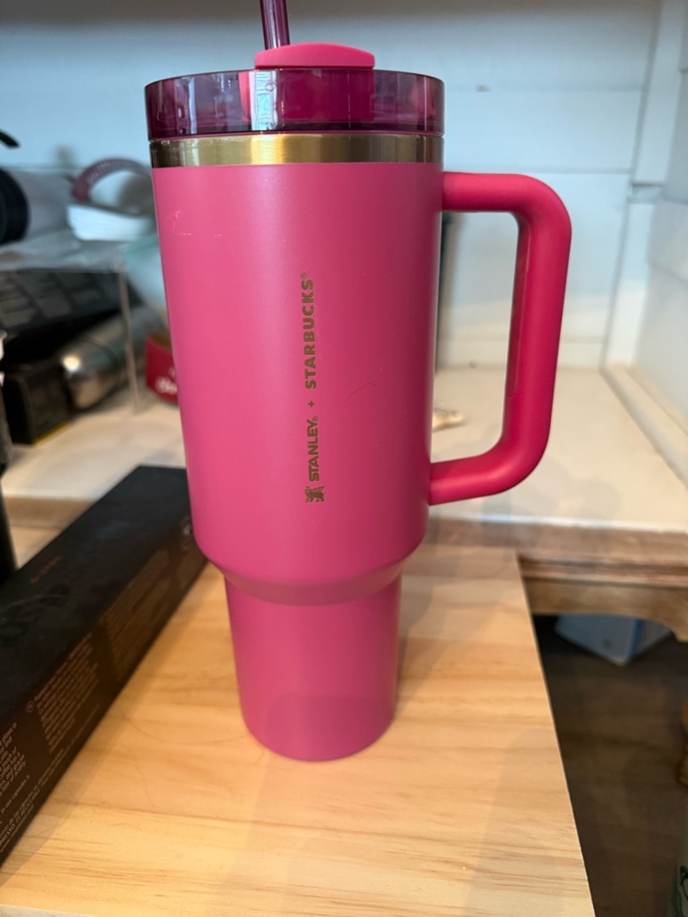 Stanley Pink Travel Mug with Handle and Straw